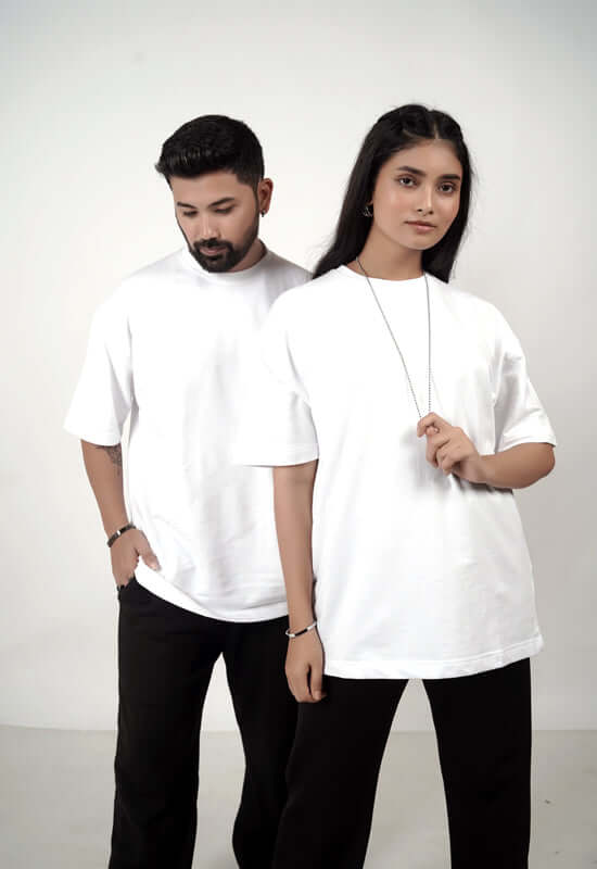 Luxury white oversized unisex T-shirt in premium 100% cotton. Indian origin for men & women streetwear