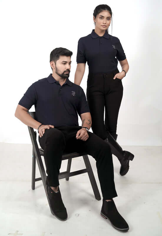 Navy blue polo t-shirt for men & women, 100% cotton, premium quality. Made in India for gender-neutral clothing