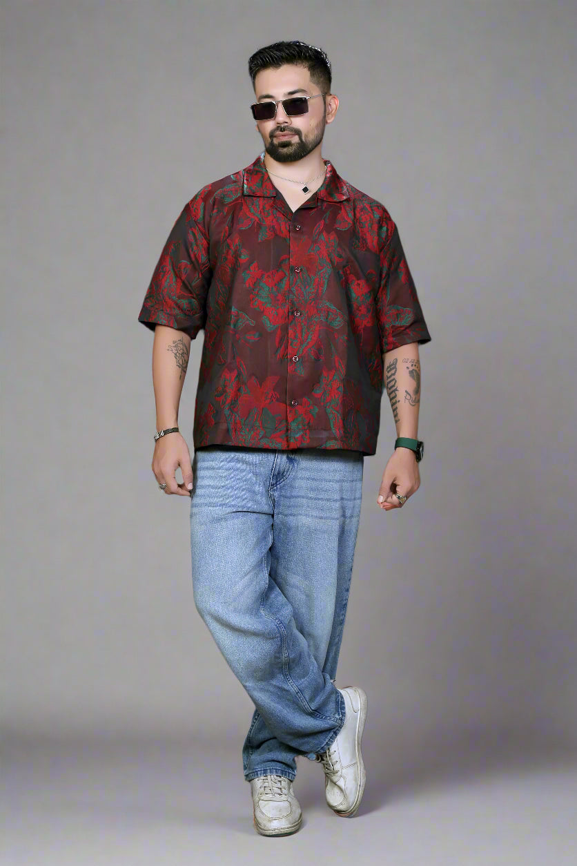Crimson Dusk Oversized Shirt - Drop Shoulder