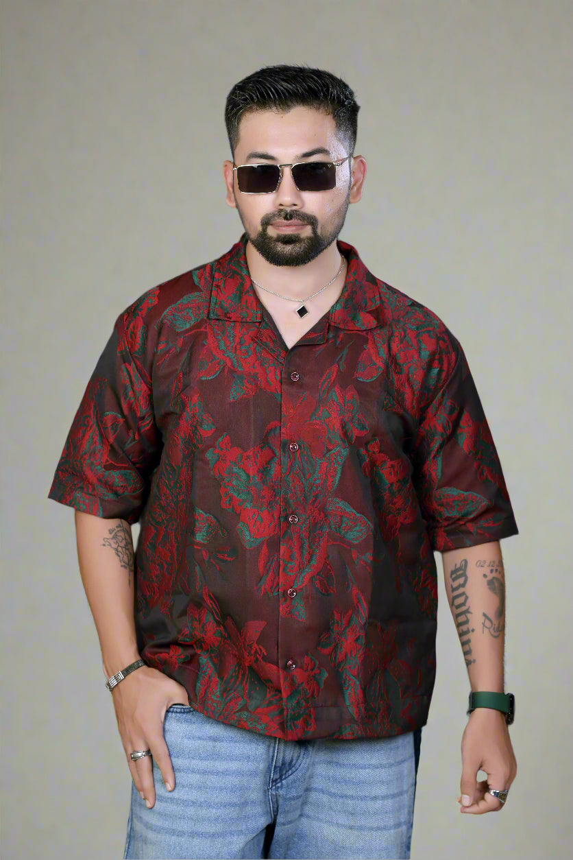 Crimson Dusk Oversized Shirt - Drop Shoulder